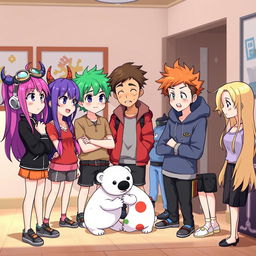 A group of seven anime-style characters animatedly discussing something in a room