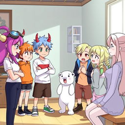 A group of seven anime-style characters animatedly discussing something in a room