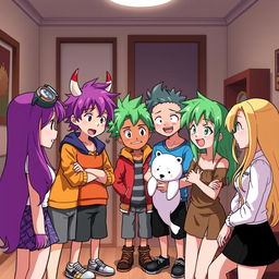 A group of seven anime-style characters animatedly discussing something in a room