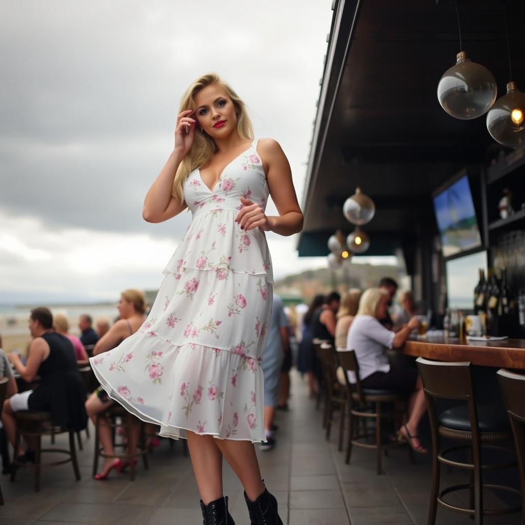 A 40-year-old curvy blonde woman posing seductively in a busy beach bar in St Ives