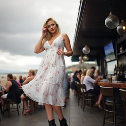 A 40-year-old curvy blonde woman posing seductively in a busy beach bar in St Ives