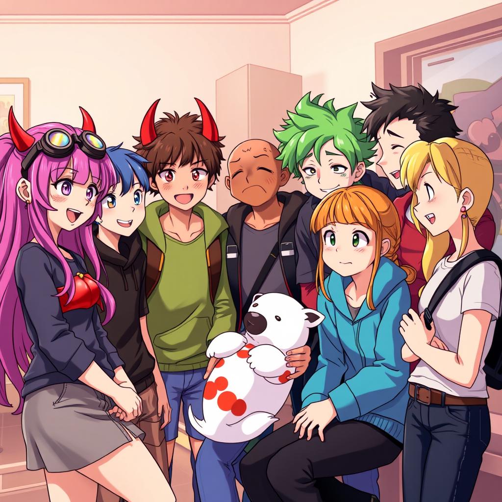 A group of seven vibrant anime-style teenage characters in a room, energetically discussing something