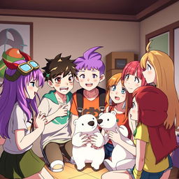 A group of seven vibrant anime-style teenage characters in a room, energetically discussing something