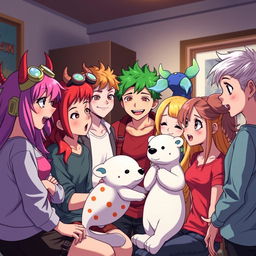 A group of seven vibrant anime-style teenage characters in a room, energetically discussing something