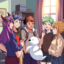 A group of seven vibrant anime-style teenage characters in a room, energetically discussing something