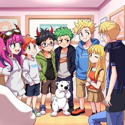 A colorful anime-style scene featuring seven teenage characters engaged in an animated discussion in a room