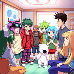 A colorful anime-style scene featuring seven teenage characters engaged in an animated discussion in a room