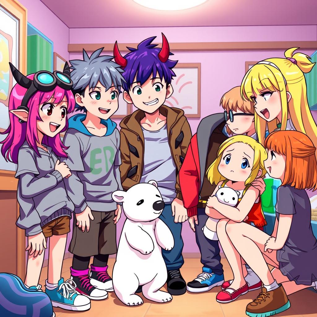 A colorful anime-style scene featuring seven teenage characters engaged in an animated discussion in a room