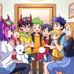 A colorful anime-style scene featuring seven teenage characters engaged in an animated discussion in a room