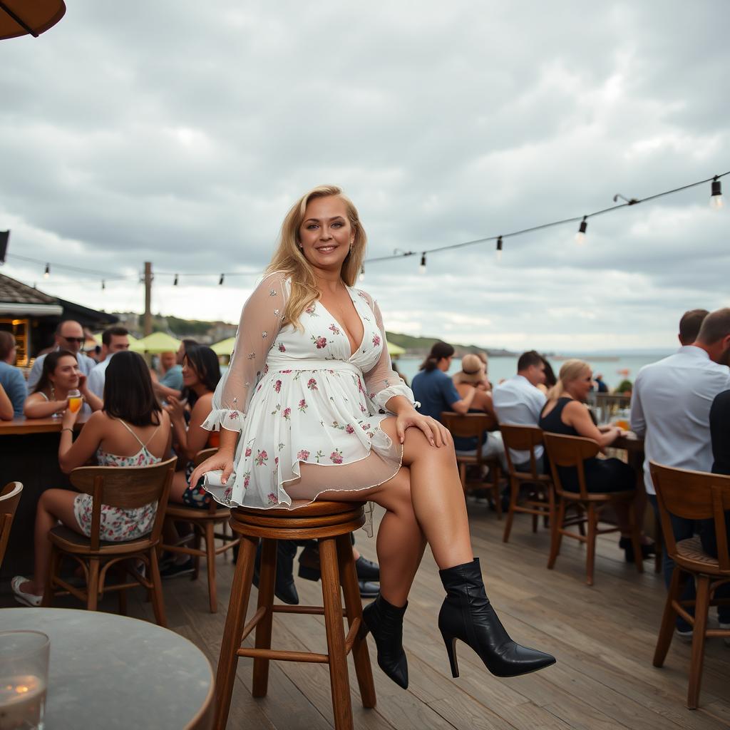 A 40-year-old curvy blonde woman sitting seductively in a busy beach bar in St Ives