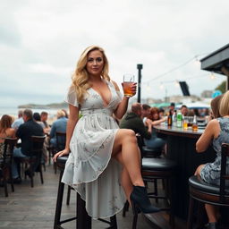 A 40-year-old curvy blonde woman sitting seductively in a busy beach bar in St Ives