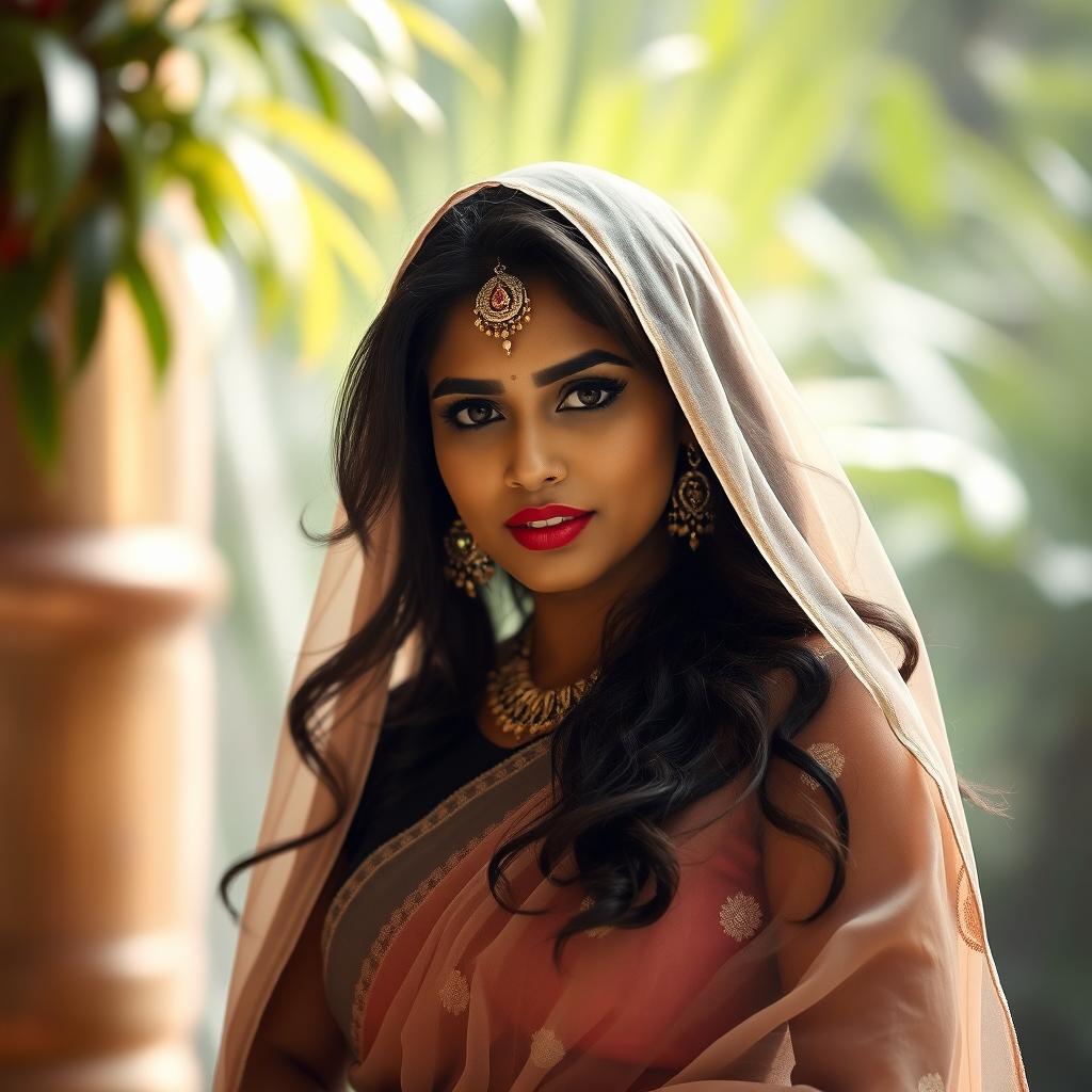 An elegant Indian beauty, depicted as a curvy goddess draped in a transparent cloth that subtly highlights her graceful curves