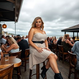 A 40-year-old curvy blonde woman sitting seductively in a busy beach bar in St Ives