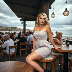 A 40-year-old curvy blonde woman sitting seductively in a busy beach bar in St Ives