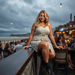 A 40-year-old curvy blonde woman sitting seductively in a busy beach bar in St Ives