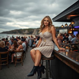 A 40-year-old curvy blonde woman sitting seductively in a busy beach bar in St Ives