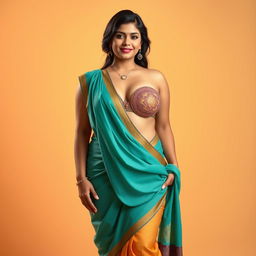 A curvy Indian woman wearing a traditional saree in a modern, revealing style