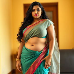 A curvy Indian woman wearing a traditional saree in a modern, revealing style