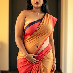 A curvy Indian woman wearing a traditional saree in a modern, revealing style