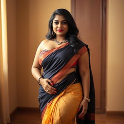 A curvy Indian woman wearing a traditional saree in a modern, revealing style