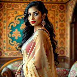 A stunning Indian woman wearing a beautifully draped saree with a transparent fabric that elegantly showcases the contours of her body