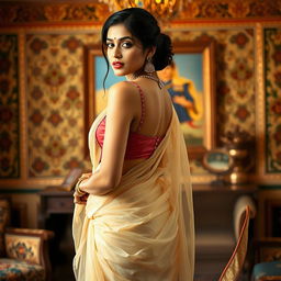 A stunning Indian woman wearing a beautifully draped saree with a transparent fabric that elegantly showcases the contours of her body