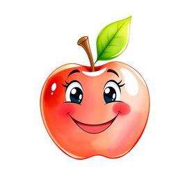 Create a charming watercolor drawing of a cartoon apple