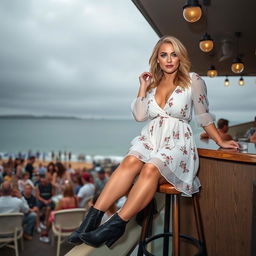 A 40-year-old curvy blonde woman posing seductively while seated in a bustling beach bar in St Ives