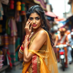 A stunning Indian woman wearing a sexy saree with transparent cloth, showcasing her full body from the front