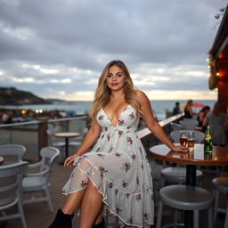 A 40-year-old curvy blonde woman posing seductively while seated in a bustling beach bar in St Ives