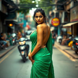 A sexy Indian woman wearing a saree on a street, depicted with minimal fabric covering, showcasing her full body from the front, with her face clearly visible