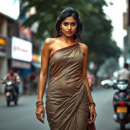 A sexy Indian woman wearing a saree on a street, depicted with minimal fabric covering, showcasing her full body from the front, with her face clearly visible