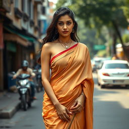 A sexy Indian woman wearing a saree on a street, depicted with minimal fabric covering, showcasing her full body from the front, with her face clearly visible