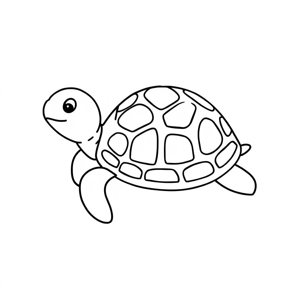 Outline of a turtle in black lines against a white background, designed in a playful and whimsical style ideal for coloring by children