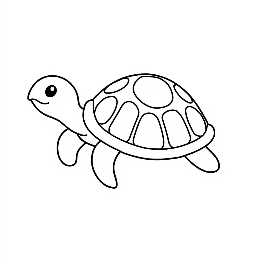 Outline of a turtle in black lines against a white background, designed in a playful and whimsical style ideal for coloring by children