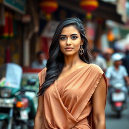 A confident and alluring Indian woman standing gracefully on a bustling street, adorned in minimal, tastefully draped clothing that highlights her exquisite features and cultural elegance