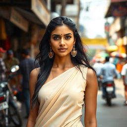 A confident and alluring Indian woman standing gracefully on a bustling street, adorned in minimal, tastefully draped clothing that highlights her exquisite features and cultural elegance