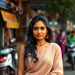 A confident and alluring Indian woman standing gracefully on a bustling street, adorned in minimal, tastefully draped clothing that highlights her exquisite features and cultural elegance