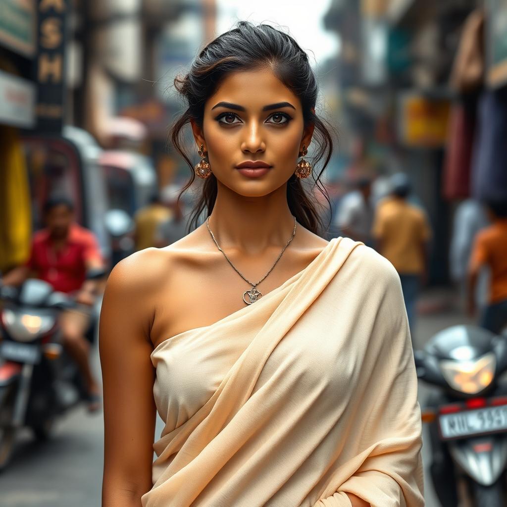 A confident and alluring Indian woman standing gracefully on a bustling street, adorned in minimal, tastefully draped clothing that highlights her exquisite features and cultural elegance