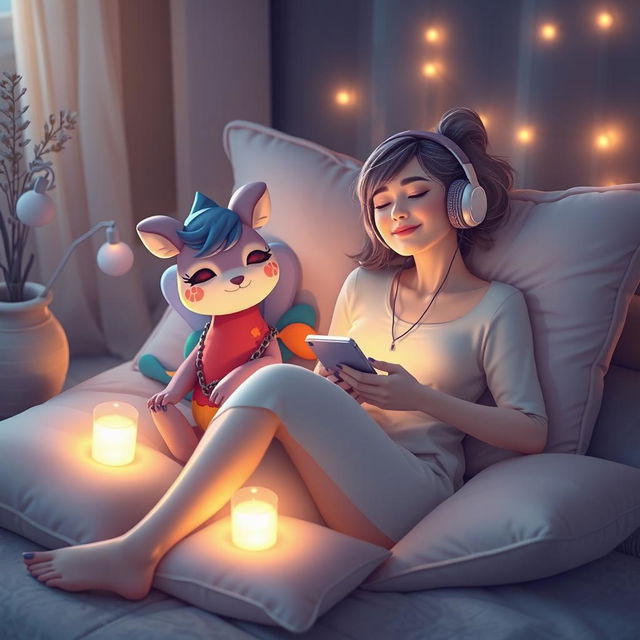 A serene scene featuring a woman and errcake, both enjoying a moment of relaxation while listening to calming music