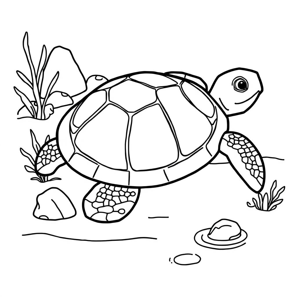 Outline of a turtle in black lines with a white background, designed for a child's coloring activity