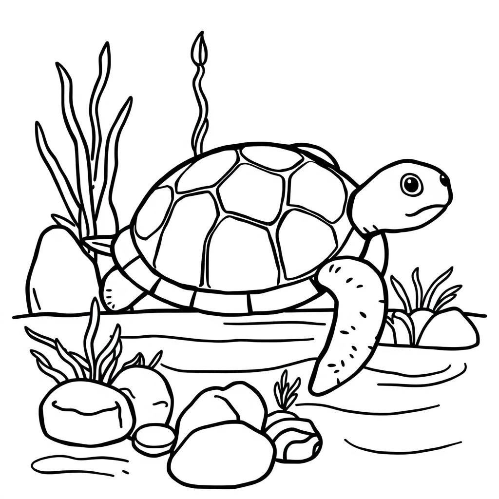 Outline of a turtle in black lines with a white background, designed for a child's coloring activity