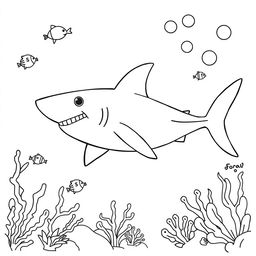 Outline of a shark in black lines with a white background, designed for a child's coloring activity