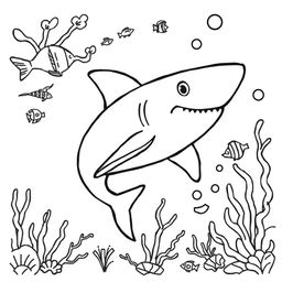 Outline of a shark in black lines with a white background, designed for a child's coloring activity