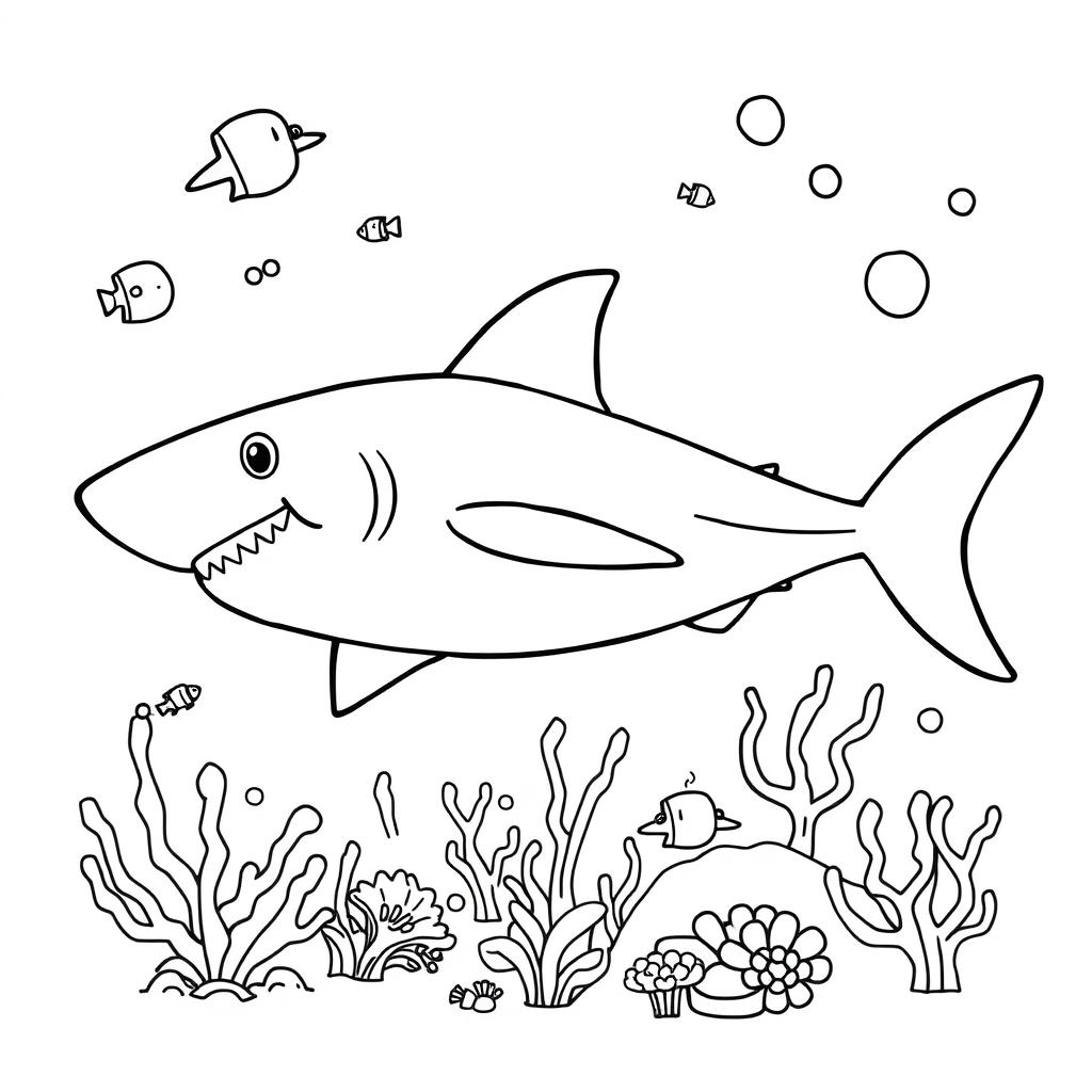 Outline of a shark in black lines with a white background, designed for a child's coloring activity