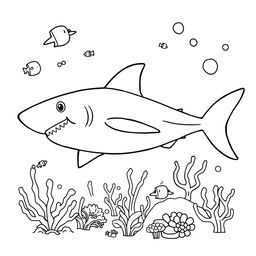 Outline of a shark in black lines with a white background, designed for a child's coloring activity