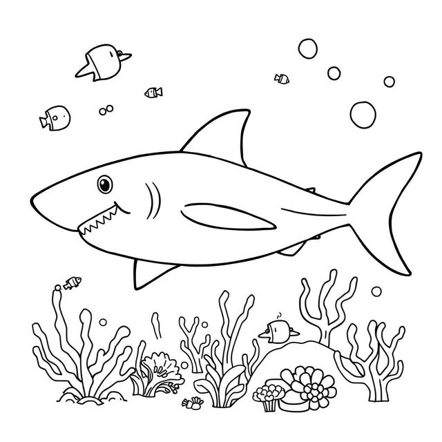 Outline of a shark in black lines with a white background, designed for a child's coloring activity