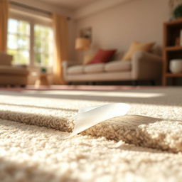 A close-up of non-slip adhesive tape placed on the corner of a carpet, designed to prevent slipping