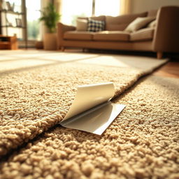 A close-up of non-slip adhesive tape placed on the corner of a carpet, designed to prevent slipping