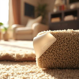 A close-up of non-slip adhesive tape placed on the corner of a carpet, designed to prevent slipping